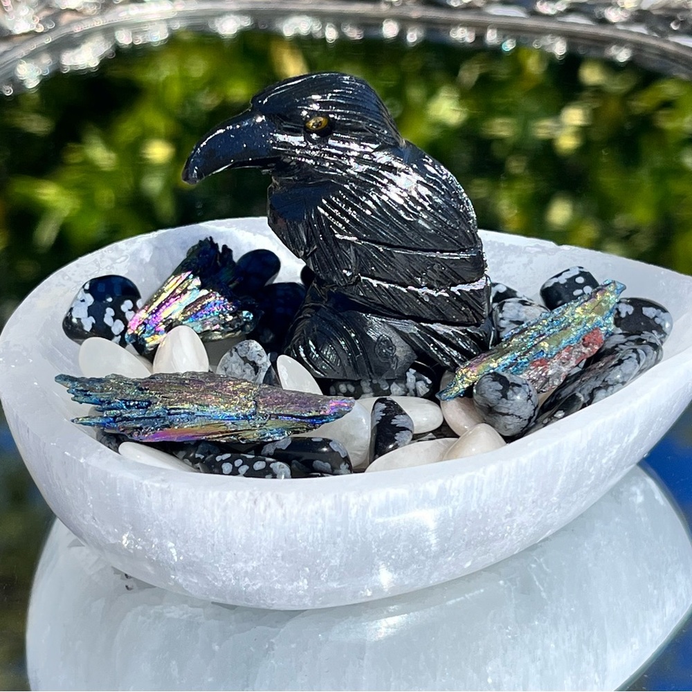 Black Obsidian Raven / Crow, Selenite Teardrop Bowl, Snowflake Obsidian Kyanite - Picture 12 of 15